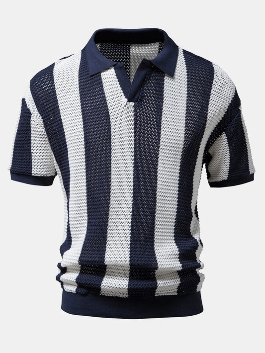 Striped V-Neck Knit Polo